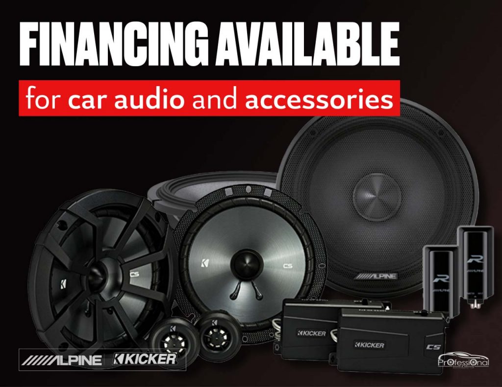 A collection of various car audio parts with the caption: Financing available for car audio and accessories!