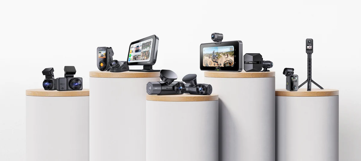 A selection of Vantrue dashcams on display in a showroom